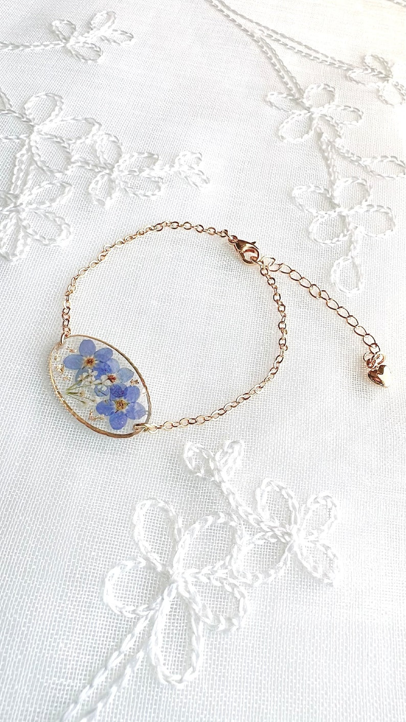 Forget Me Not Real Flower Oval Shaped Bracelets, Handmade 18K Gold Plated Dry flowers Bracelet, Chain & Link Bracelets, Gift for her