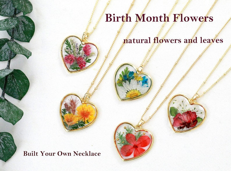 Birth Month Flower Necklace| Pressed Natural Flower Heart Necklace| Unique Birthday Gift Personalized Handmade Jewelry