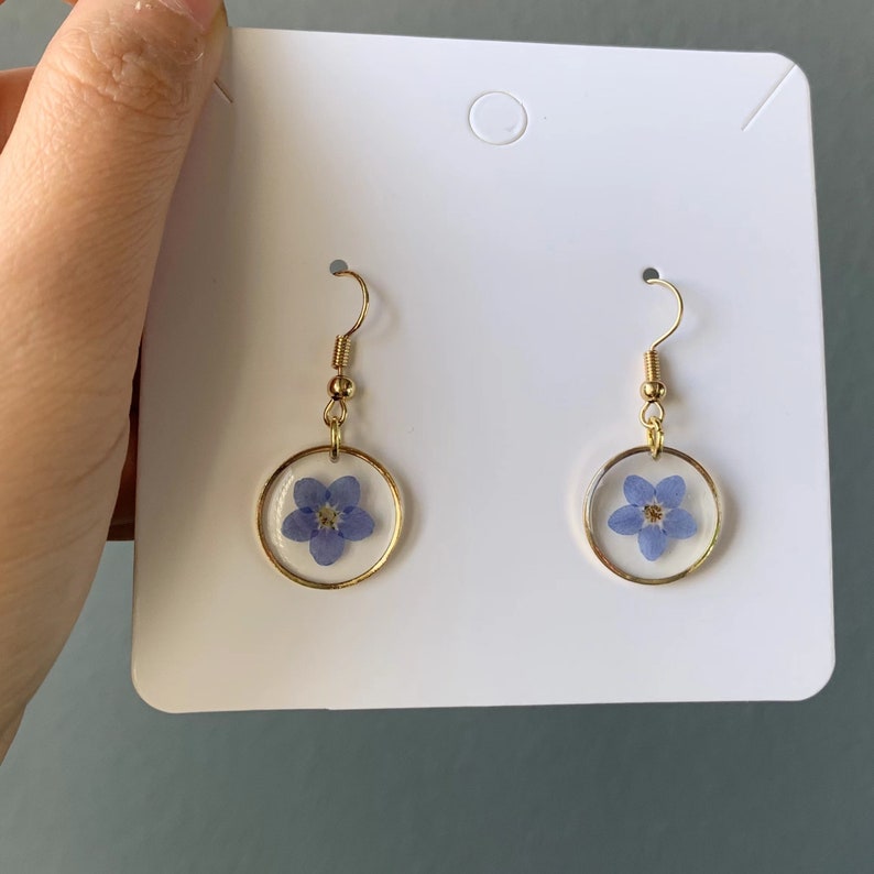 14K Gold Forget Me Not Resin Flower Earrings, Handmade Pressed Real Flower Resin Earrings, Dired Flower Dangle Drop Earrings, Birthday Gifts