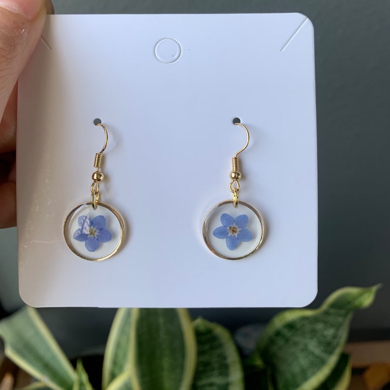 14K Gold Forget Me Not Resin Flower Earrings, Handmade Pressed Real Flower Resin Earrings, Dired Flower Dangle Drop Earrings, Birthday Gifts