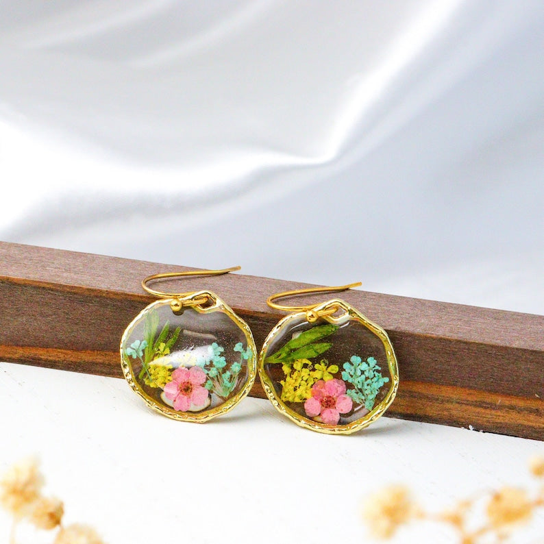 Round Real Flower Dangle Drop Earrings, Pressed Dried Flower Earrings, Hypoallergenic Gold-filled Earring Hook Earings,Summer Jewelry