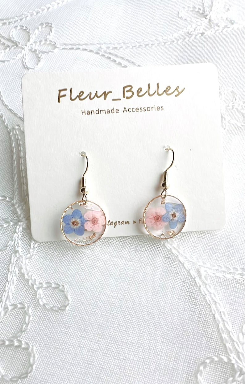 Forget Me Not Real Flowers Round Dangle Earrings, Handmade Dry Pressed Flowers Earrings, Sterling Silver, Gold Plated, Blue, Pink