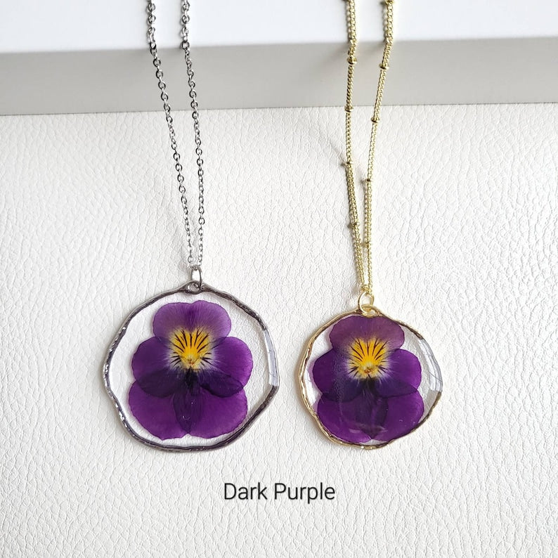 Pansy Necklace, Violet Necklace, Viola Necklace, Pressed Flower Necklace, Dried Flower Jewelry, Mothers Day Gift for Mom, Handmade Gifts