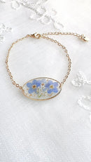 Forget Me Not Real Flower Oval Shaped Bracelets, Handmade 18K Gold Plated Dry flowers Bracelet, Chain & Link Bracelets, Gift for her