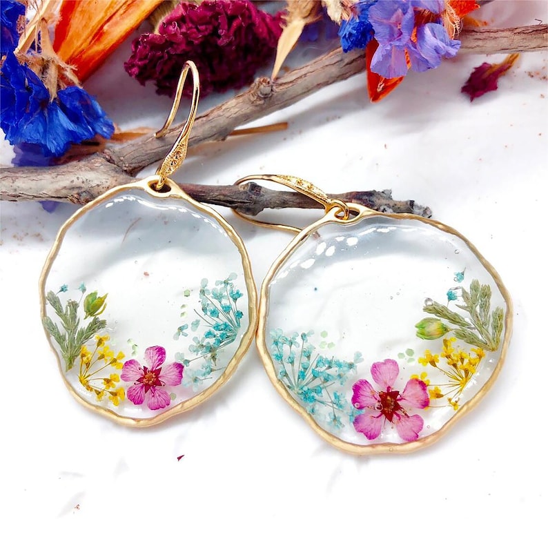 Round Real Flower Dangle Drop Earrings, Pressed Dried Flower Earrings, Hypoallergenic Gold-filled Earring Hook Earings,Summer Jewelry