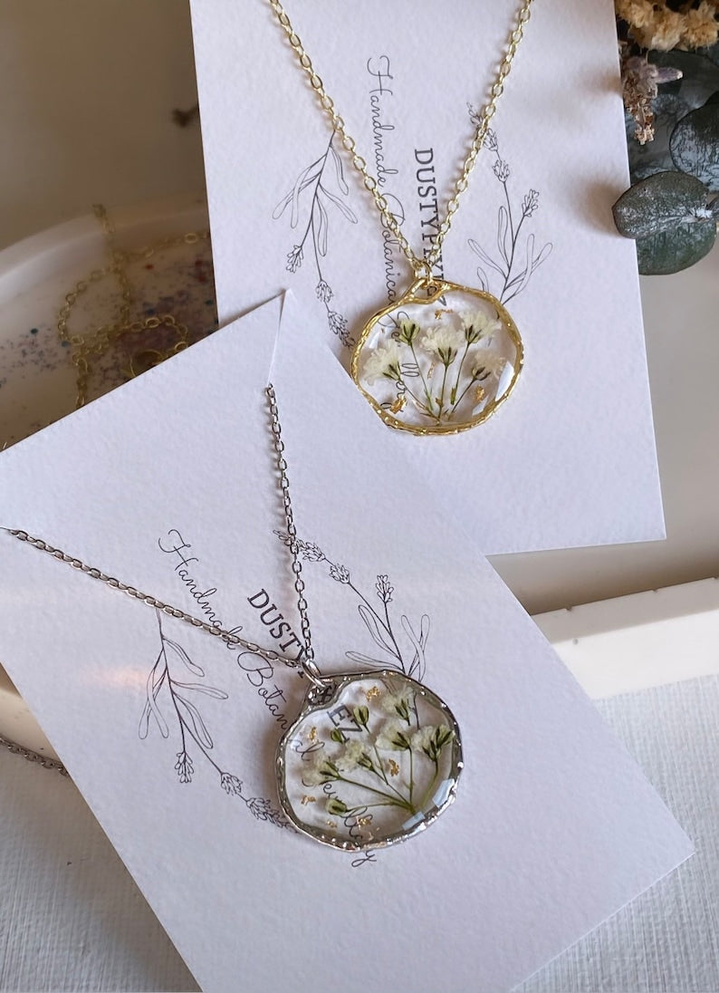 Baby’s breath Gypsophila flower necklace, pressed flower resin jewellery, silver, 14k gold plated, gifts for her