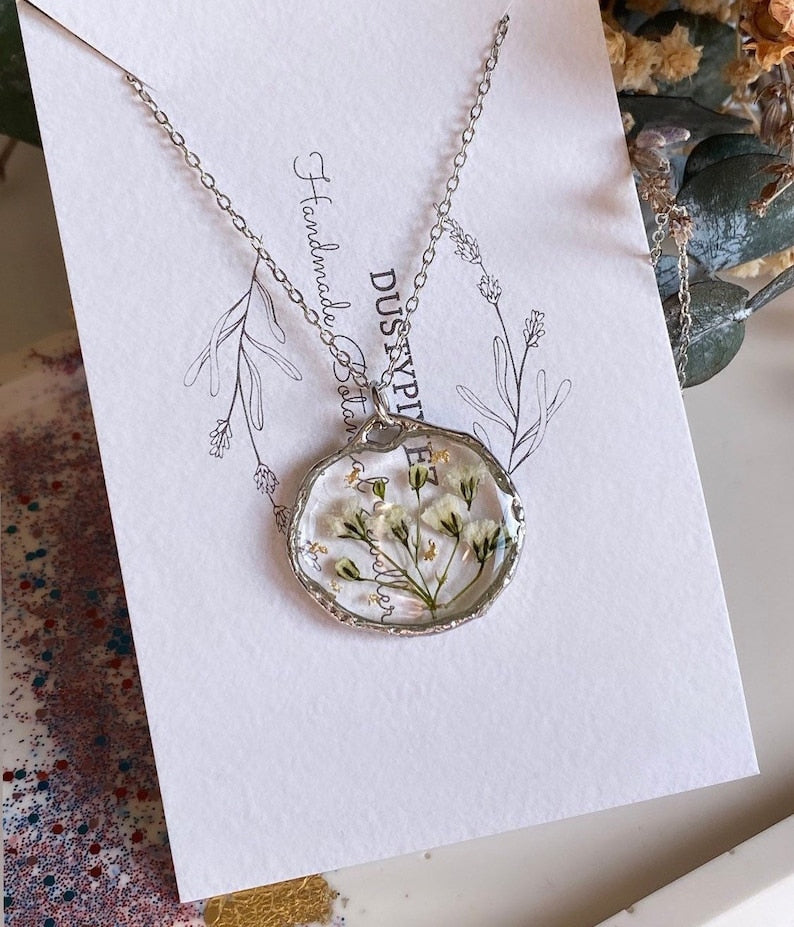 Baby’s breath Gypsophila flower necklace, pressed flower resin jewellery, silver, 14k gold plated, gifts for her