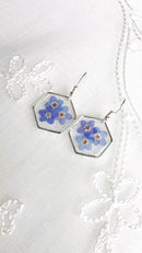 Forget Me Not Silver Hexagon Earrings, Real Pressed Flowers Handmade Earrings, Blue Dry Flowers, Special, Unique, Gift for Her