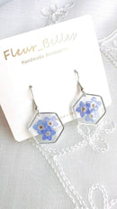 Forget Me Not Silver Hexagon Earrings, Real Pressed Flowers Handmade Earrings, Blue Dry Flowers, Special, Unique, Gift for Her