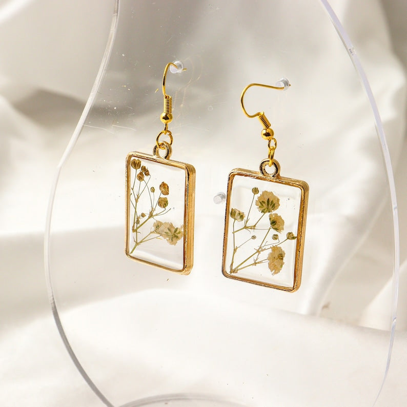 Rectangle Gold Foil Flower Resin Earrings,Pressed Flower Dangle Drop Earrings, Real Dried Flower, Bridesmaid Earrings, Mother's Day Gift