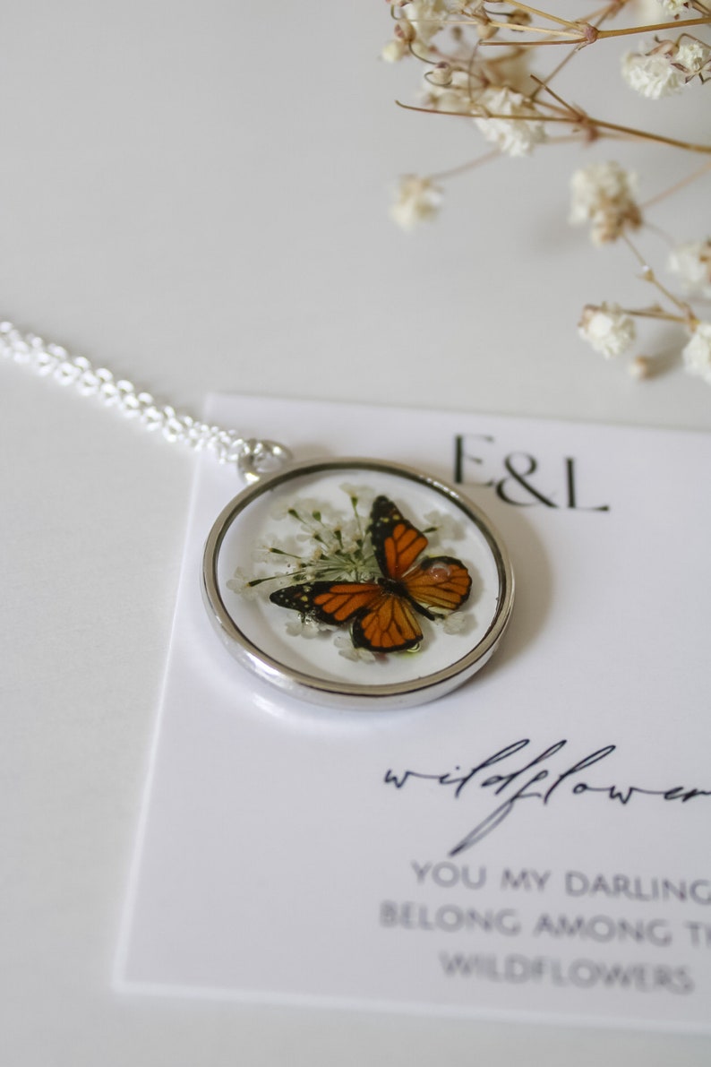 Sterling Silver Monarch Butterfly Necklace | Save our Monarchs | Pressed Wildflower Necklace | Resin Necklace | Dried Wildflowers