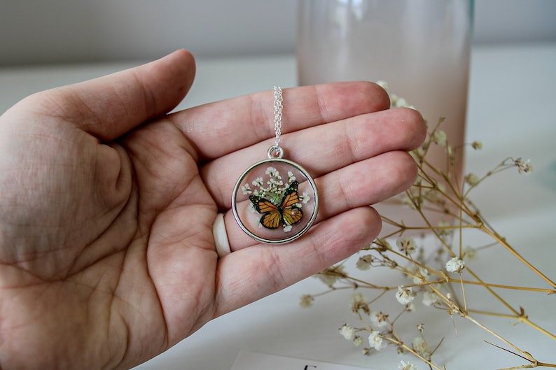 Sterling Silver Monarch Butterfly Necklace | Save our Monarchs | Pressed Wildflower Necklace | Resin Necklace | Dried Wildflowers