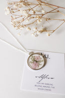 Sterling Silver Anne's Lace and Pink Pressed Wildflower Necklace | Resin Necklace | Dried Wildflowers | Handmade | Real Flower