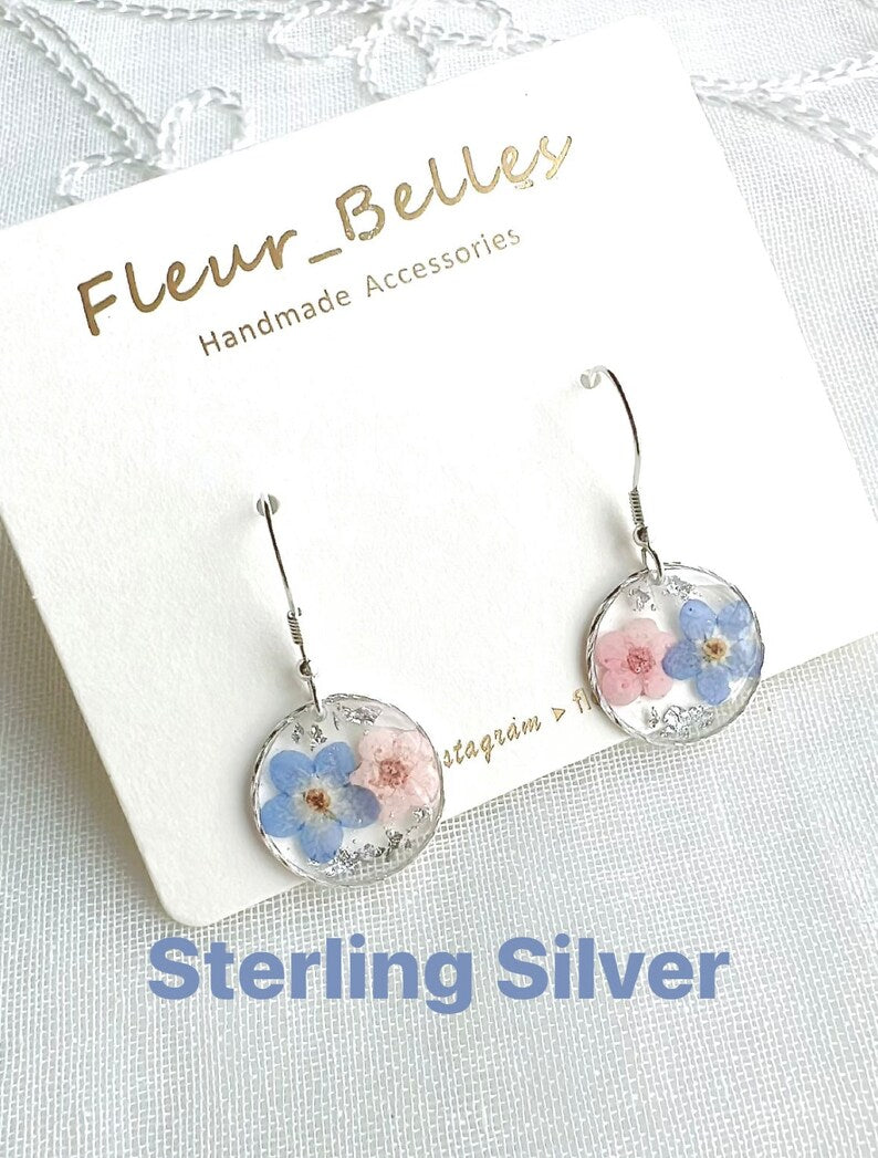 Forget Me Not Real Flowers Round Dangle Earrings, Handmade Dry Pressed Flowers Earrings, Sterling Silver, Gold Plated, Blue, Pink