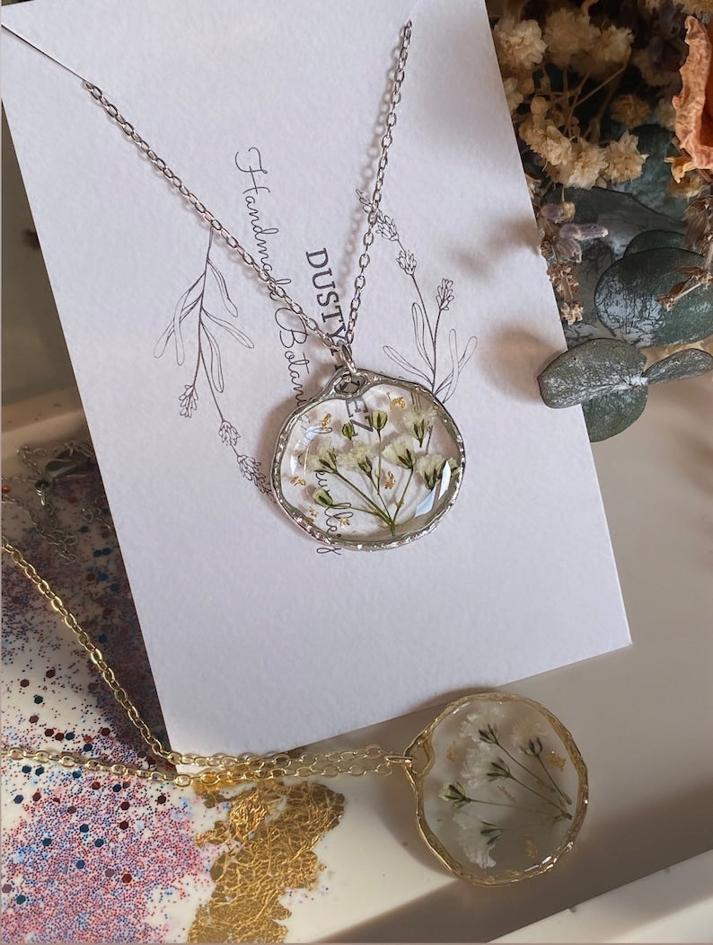 Baby’s breath Gypsophila flower necklace, pressed flower resin jewellery, silver, 14k gold plated, gifts for her