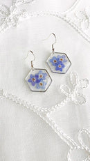 Forget Me Not Silver Hexagon Earrings, Real Pressed Flowers Handmade Earrings, Blue Dry Flowers, Special, Unique, Gift for Her