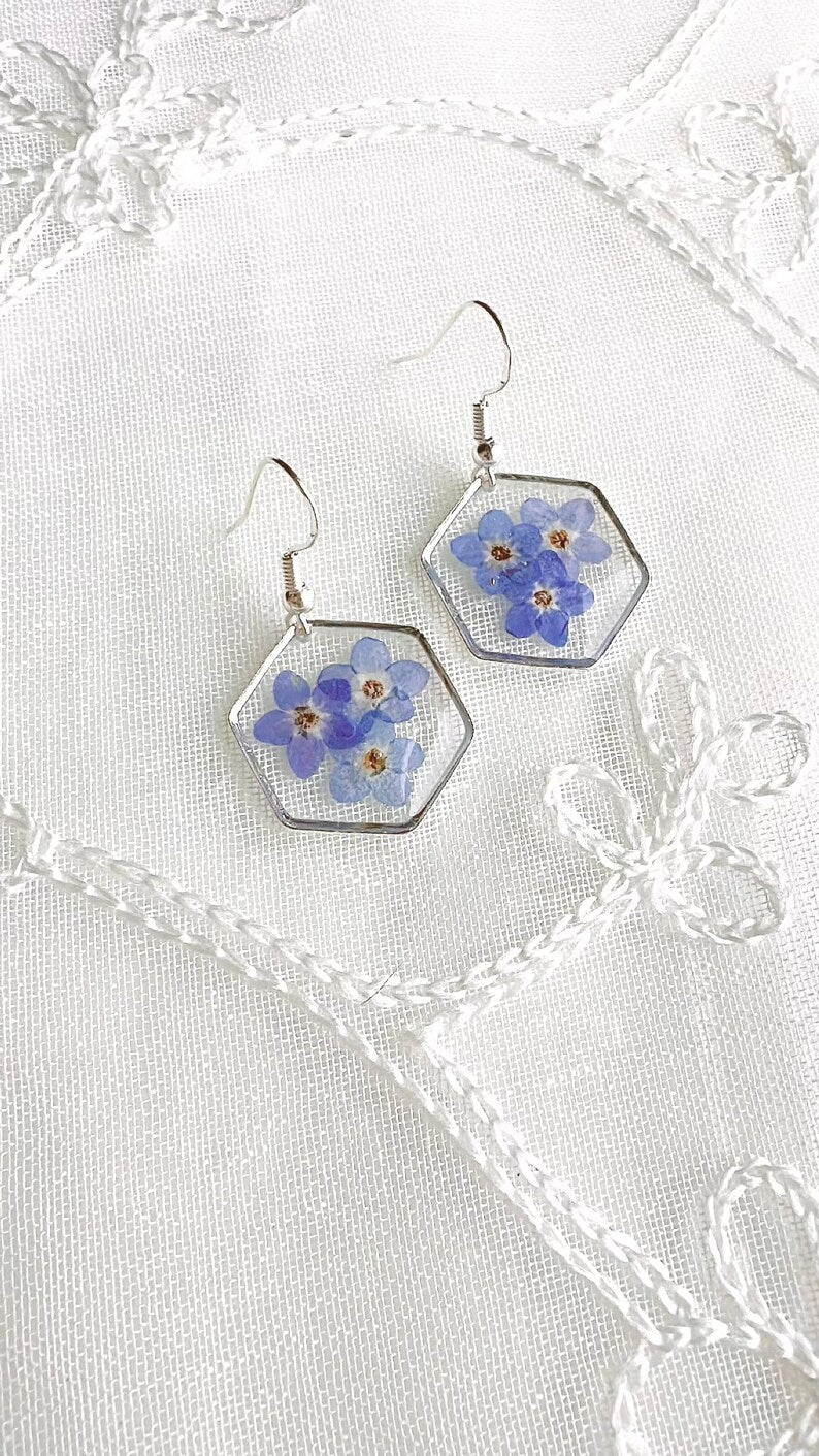 Forget Me Not Silver Hexagon Earrings, Real Pressed Flowers Handmade Earrings, Blue Dry Flowers, Special, Unique, Gift for Her