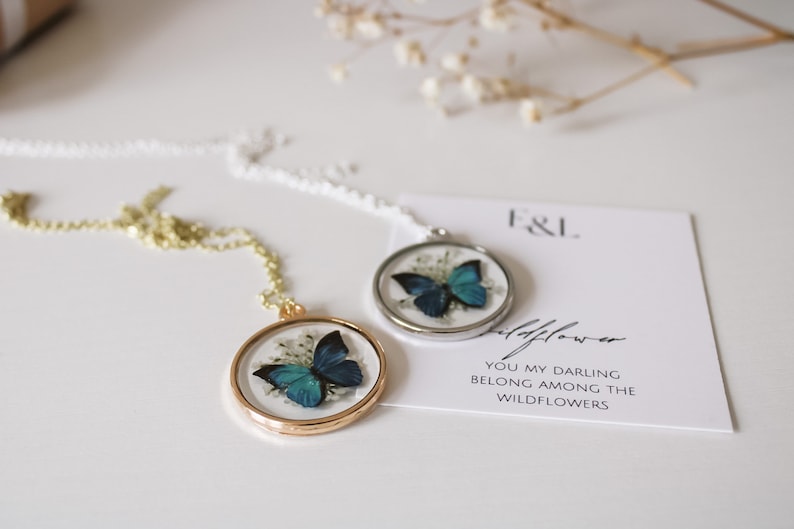 Morpho Butterfly Necklace | Blue Butterfly | Pressed Wildflower Necklace | Resin Necklace | Dried Wildflowers