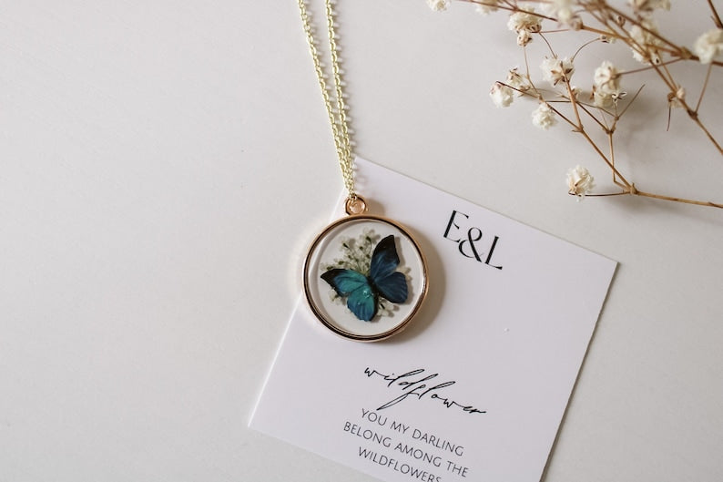 Morpho Butterfly Necklace | Blue Butterfly | Pressed Wildflower Necklace | Resin Necklace | Dried Wildflowers