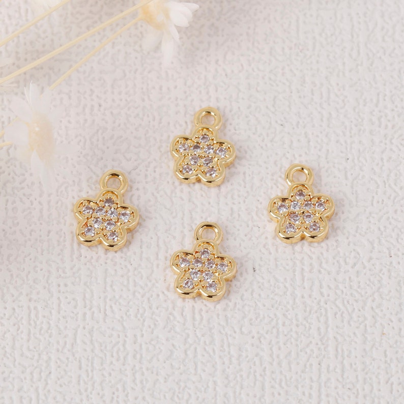 10PCS Gold Plated Cubic Zirconia Charms,CZ Pave Flower Pendant