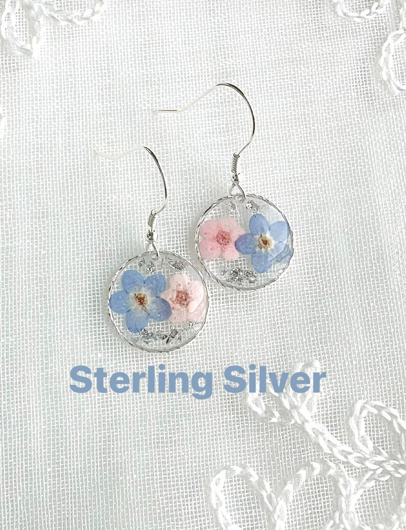 Forget Me Not Real Flowers Round Dangle Earrings, Handmade Dry Pressed Flowers Earrings, Sterling Silver, Gold Plated, Blue, Pink