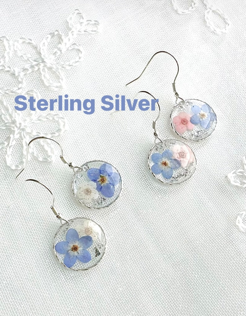 Forget Me Not Real Flowers Round Dangle Earrings, Handmade Dry Pressed Flowers Earrings, Sterling Silver, Gold Plated, Blue, Pink