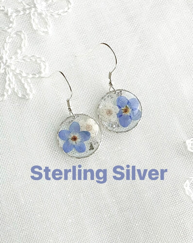 Forget Me Not Real Flowers Round Dangle Earrings, Handmade Dry Pressed Flowers Earrings, Sterling Silver, Gold Plated, Blue, Pink