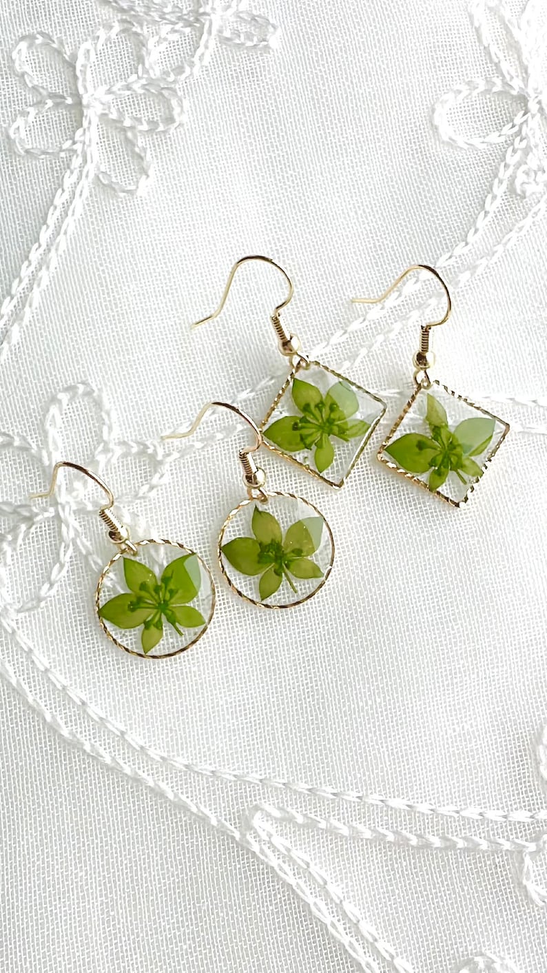 Green Leaf Dangle Earrings, Handmade Round Square Diamond Earrings with Real Pressed Flowers, Leaves, Gold Plated, Gift for her