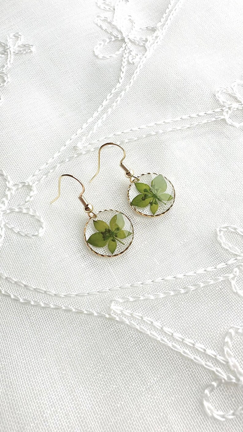 Green Leaf Dangle Earrings, Handmade Round Square Diamond Earrings with Real Pressed Flowers, Leaves, Gold Plated, Gift for her