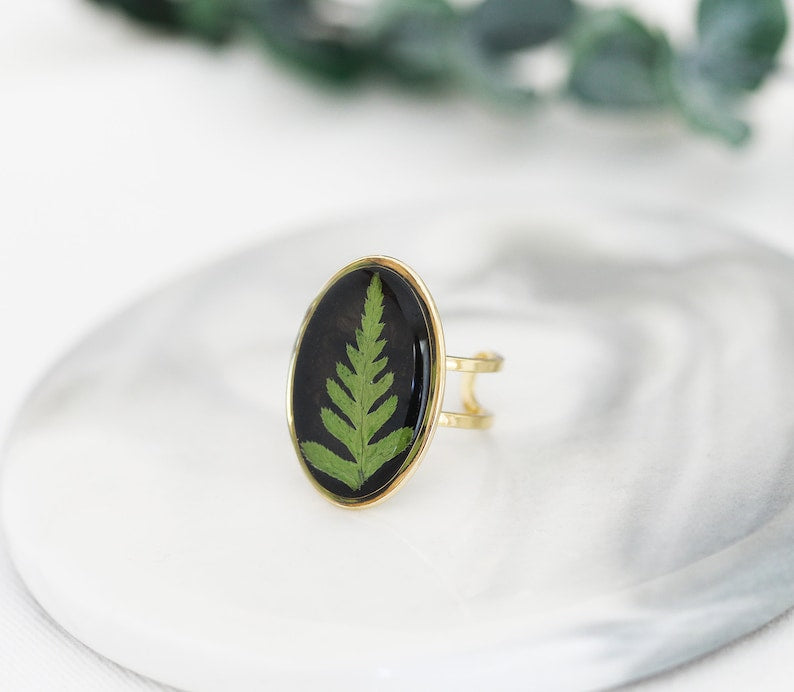 Handmade Fern Ring Green Leaf Oval Adjustable Ring Botanical Jewelry