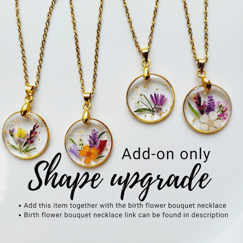 PENDANT SHAPE UPGRADE - Personalized birth flower bouquet necklace, Handmade Family Garden Real Flower Necklace,Custom Pressed Resin Pendant