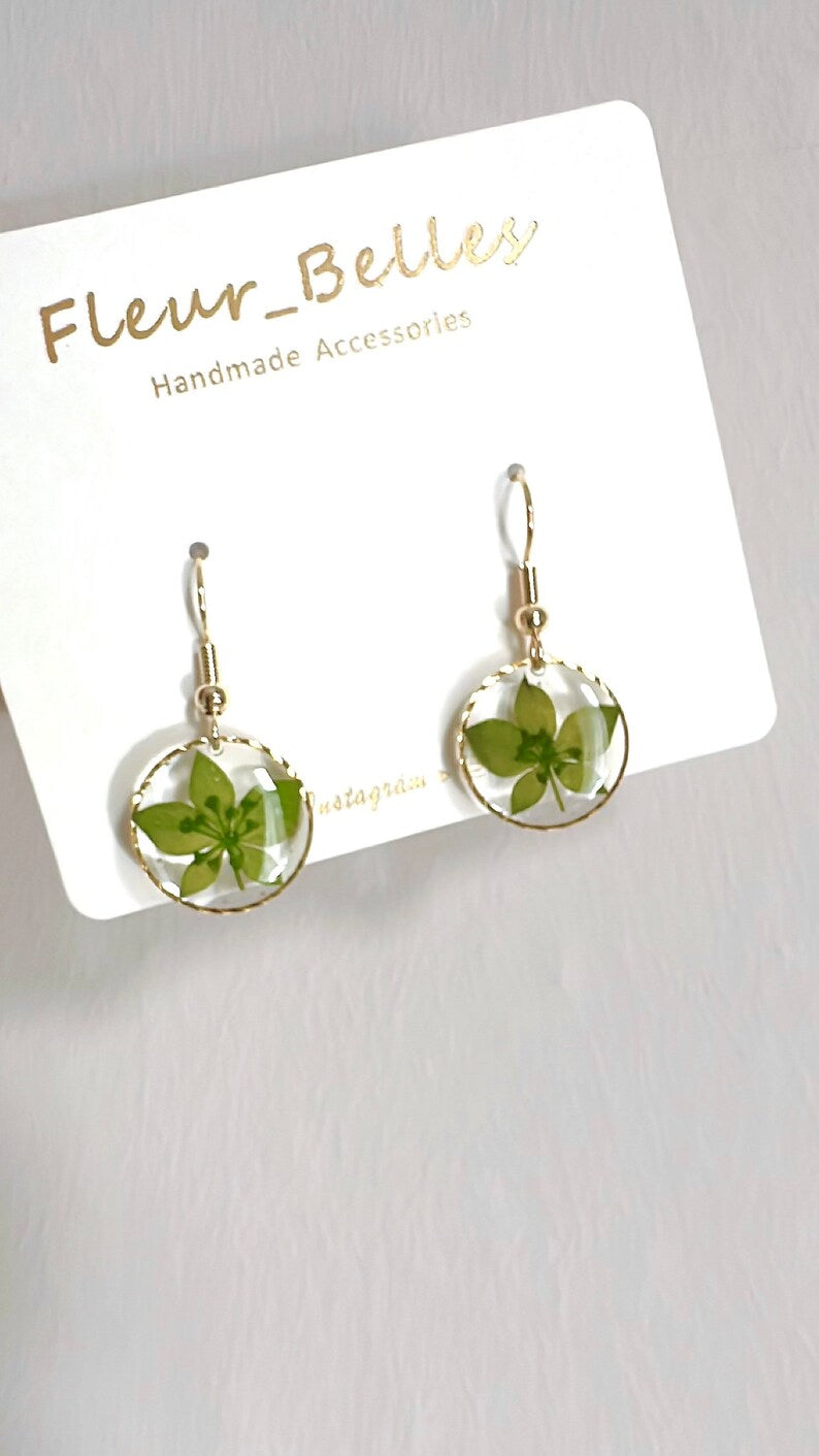 Green Leaf Dangle Earrings, Handmade Round Square Diamond Earrings with Real Pressed Flowers, Leaves, Gold Plated, Gift for her