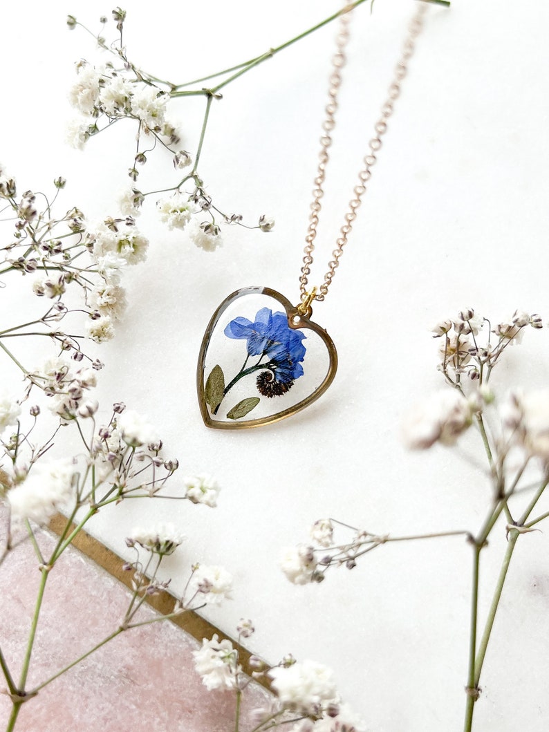 Pressed flower forget-me-not necklace on gold plated chain / botanical jewellery / bridesmaid