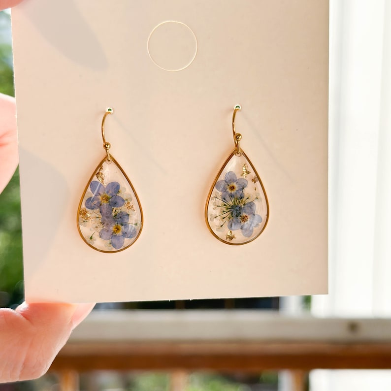 Gold Forget Me Not Flower Earrings, Handmade Pressed Real Flower Resin Earrings, Dangle Drop Earrings, Dired Flower Earrings, Birthday Gift