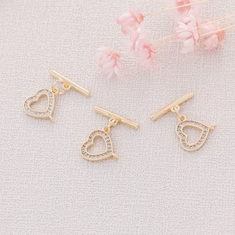 4set,Real Gold Heart Toggle Clasp, Clasp Set, Large Clasp , Easy Close Clasp Connector for Bracelet/Necklace, Jewellery Clasps