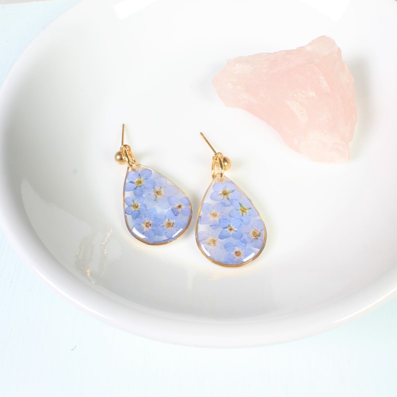 Silver forget me not earrings, Mother's Day gift, pressed flower earrings, handmade jewelry, resin, botanical, handcrafted, forget-me-not