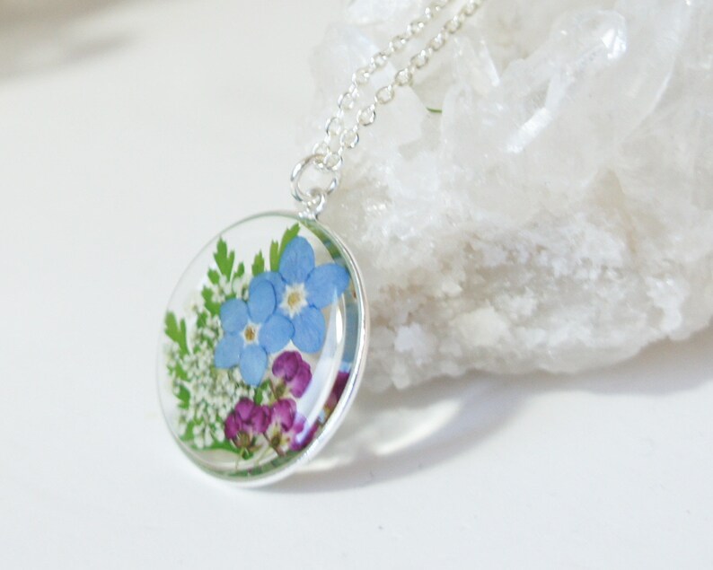 Forget me not Pressed flower necklace, Resin flower necklace, Terrarium Jewelry, Resin necklace, Real flower, Sterling Silver Necklace