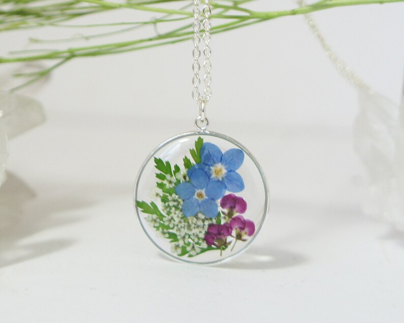 Forget me not Pressed flower necklace, Resin flower necklace, Terrarium Jewelry, Resin necklace, Real flower, Sterling Silver Necklace