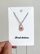 Pink Plum Blossom Necklace, Real Pressed Flower Resin Jewelry, Teardrop Pendant, 18 Inch Stainless Steel Chain