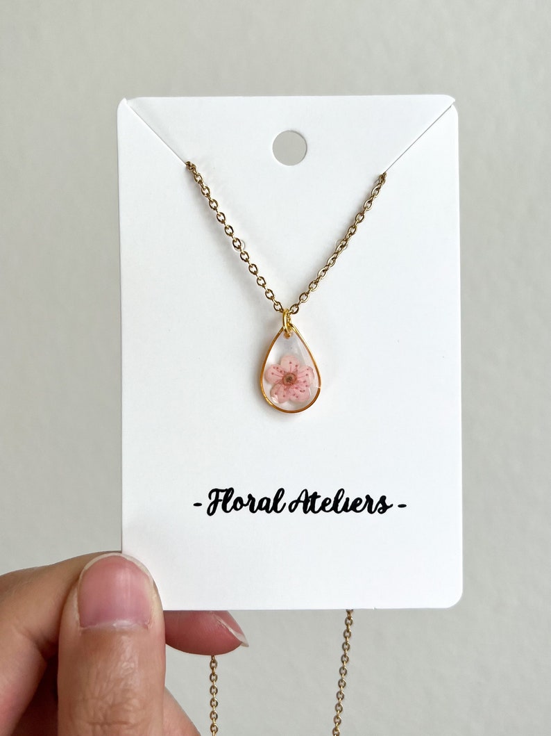 Pink Plum Blossom Necklace, Real Pressed Flower Resin Jewelry, Teardrop Pendant, 18 Inch Stainless Steel Chain