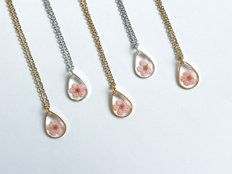 Pink Plum Blossom Necklace, Real Pressed Flower Resin Jewelry, Teardrop Pendant, 18 Inch Stainless Steel Chain