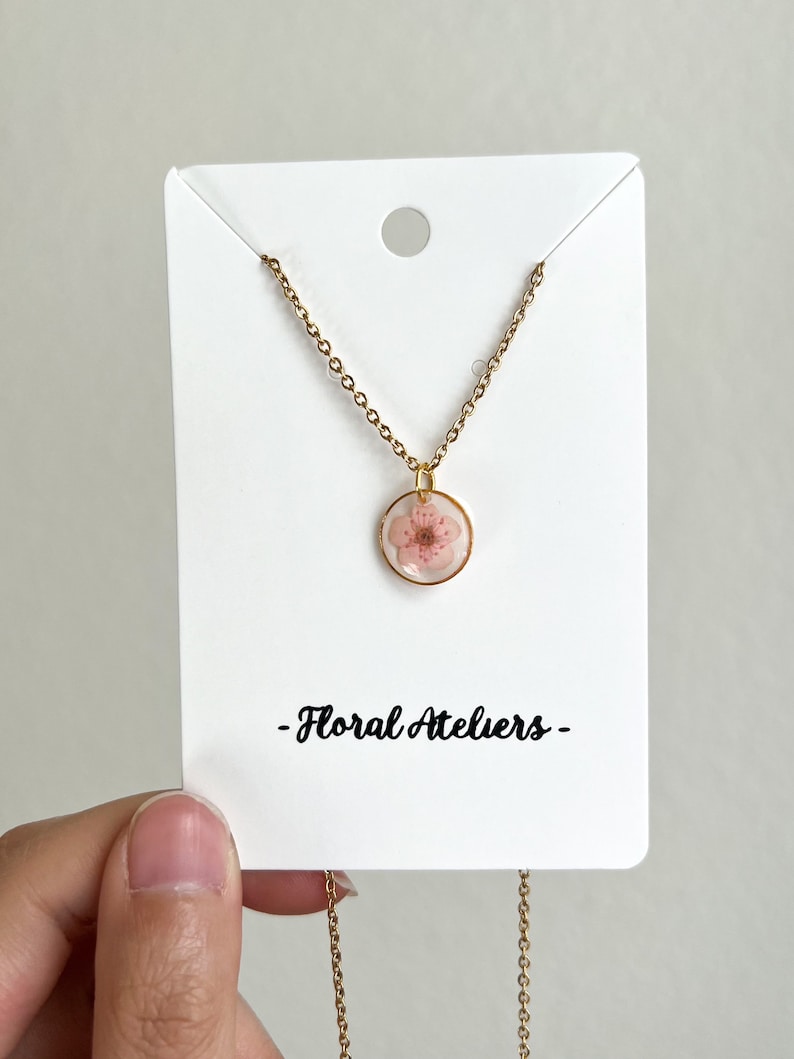 Dainty Pink Plum Blossom Necklace, Real Pressed Flower, Minimalist Resin Jewelry, Round Pendant, 18 Inch Gold/Silver Stainless Steel Chain