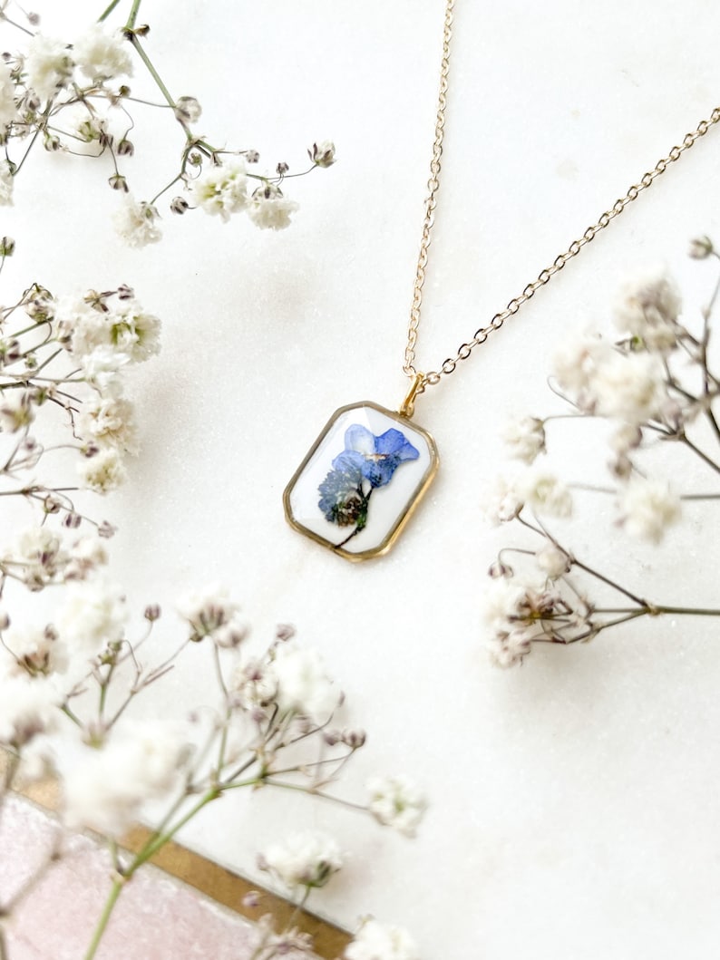 Pressed flower forget-me-not necklace on gold plated chain / botanical jewellery / bridesmaid