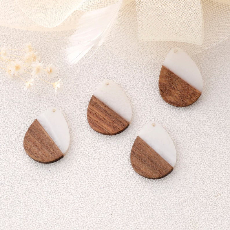 4pcs Epoxy Resin Pendants, Teardrop Translucent White Resin Findings, Wood and Resin Pendant, Color Blocked, Teardrop Charm