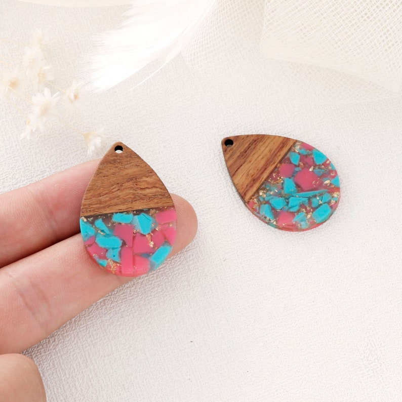 4pcs Epoxy Resin Pendants, Teardrop Translucent White Resin Findings, Wood and Resin Pendant, Color Blocked, Teardrop Charm