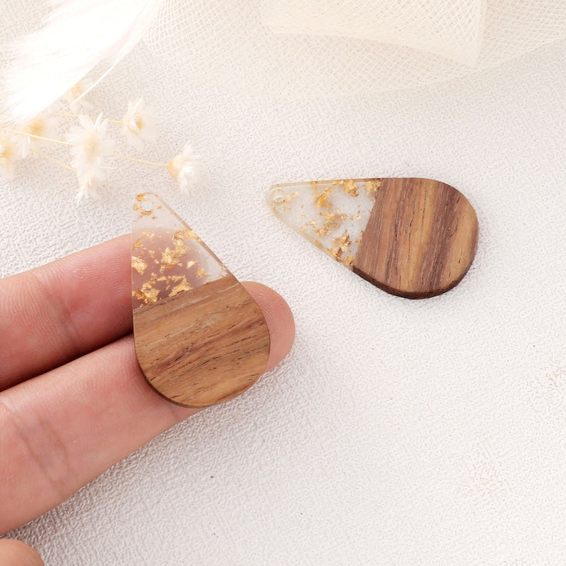 4pcs Epoxy Resin Pendants, Teardrop Translucent White Resin Findings, Wood and Resin Pendant, Color Blocked, Teardrop Charm