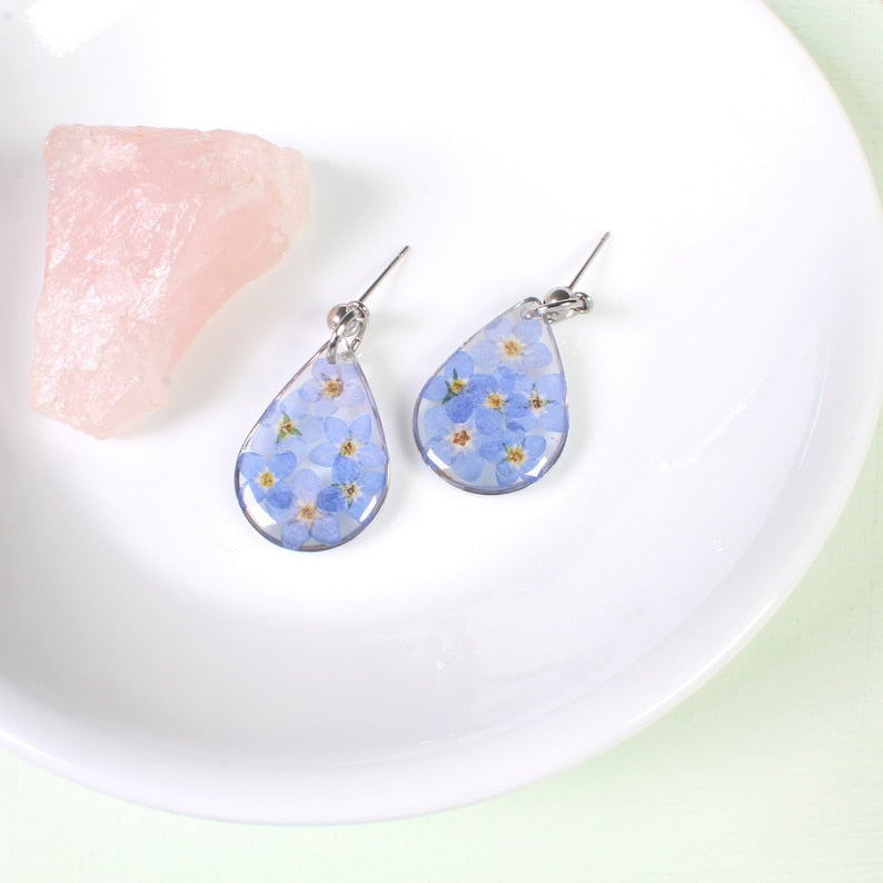 Silver forget me not earrings, Mother's Day gift, pressed flower earrings, handmade jewelry, resin, botanical, handcrafted, forget-me-not