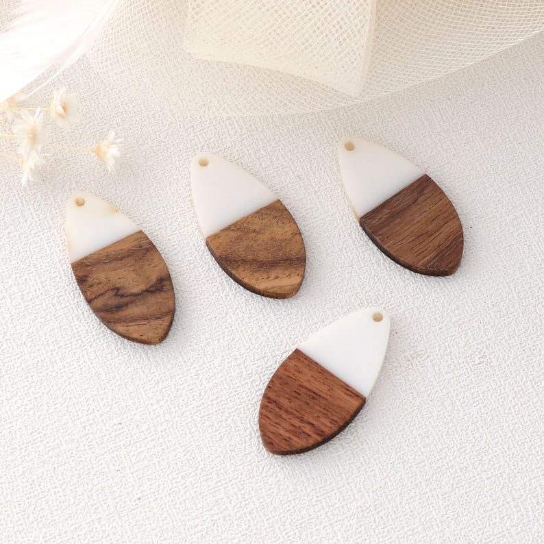 4pcs Epoxy Resin Pendants, Teardrop Translucent White Resin Findings, Wood and Resin Pendant, Color Blocked, Teardrop Charm