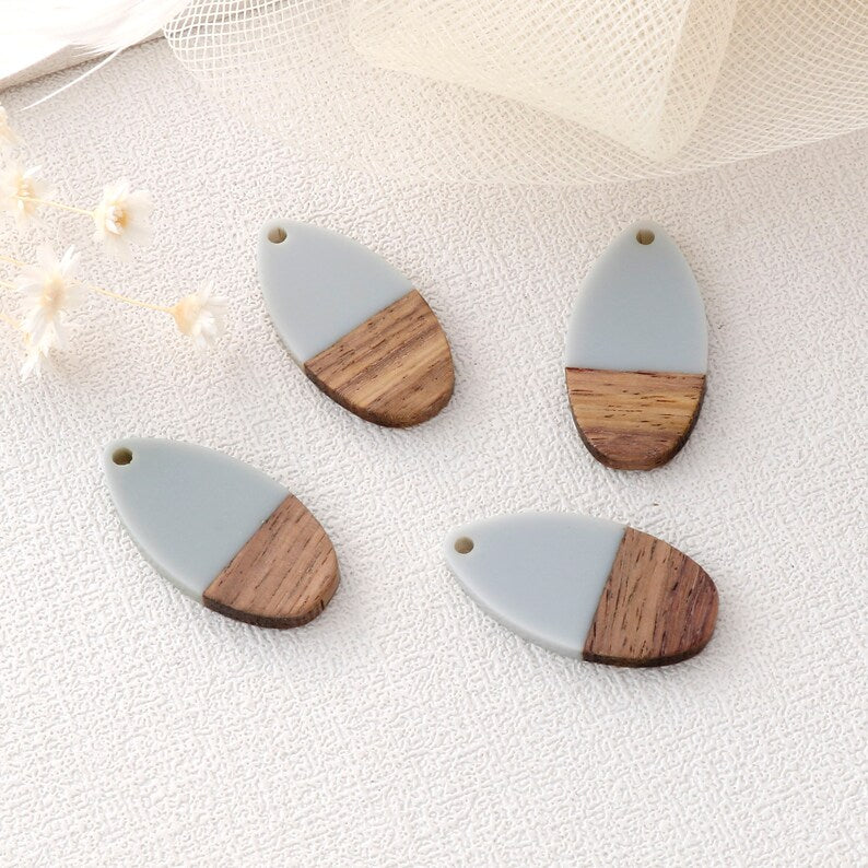 4pcs Epoxy Resin Pendants, Teardrop Translucent White Resin Findings, Wood and Resin Pendant, Color Blocked, Teardrop Charm