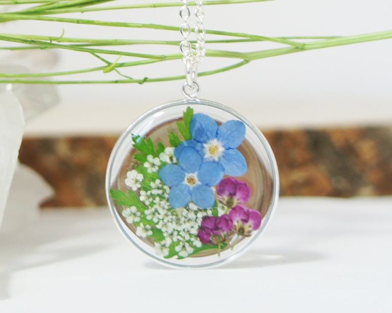 Forget me not Pressed flower necklace, Resin flower necklace, Terrarium Jewelry, Resin necklace, Real flower, Sterling Silver Necklace